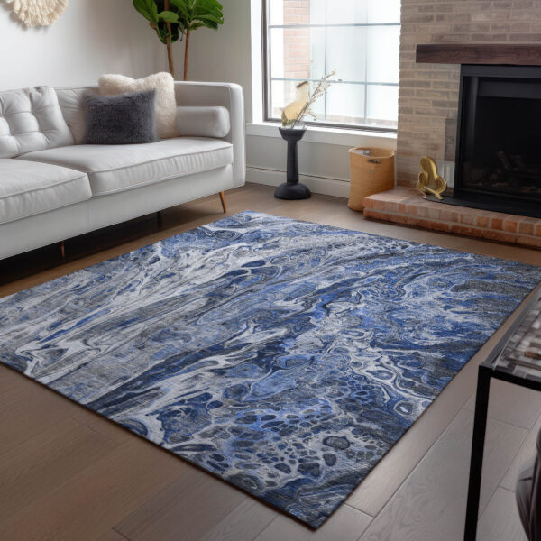 8' X 10' Denim Blue And Navy Blue Abstract Washable Indoor Outdoor Area Rug