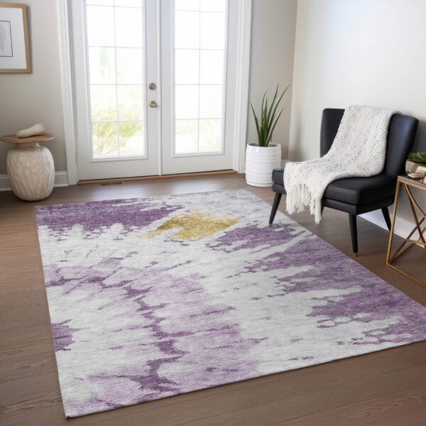 5' X 8' Purple And Lavender Abstract Washable Indoor Outdoor Area Rug
