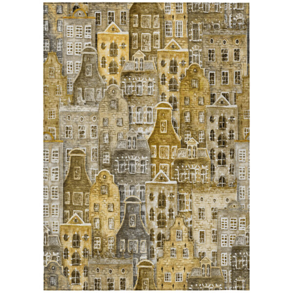 5' X 8' Brown Taupe And Gold Village Houses Washable Indoor Outdoor Area Rug