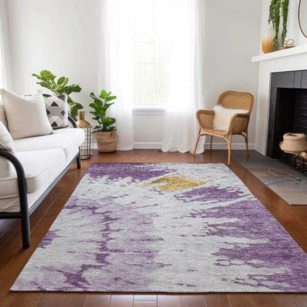 5' X 8' Purple And Lavender Abstract Washable Indoor Outdoor Area Rug