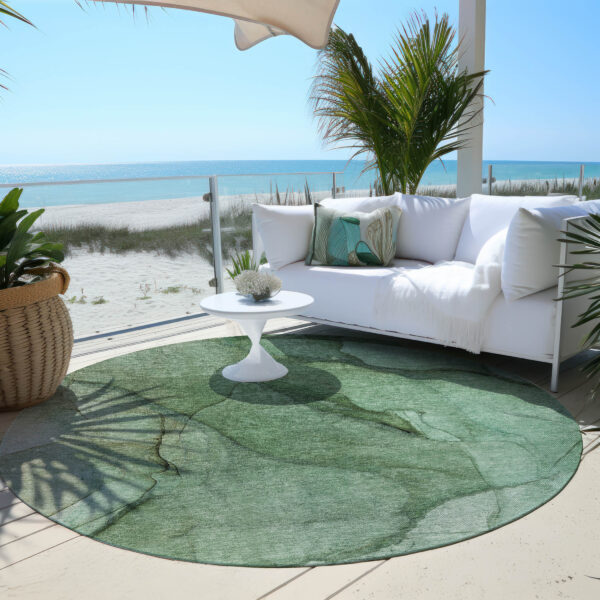 8' Green And Sage Round Abstract Washable Indoor Outdoor Area Rug