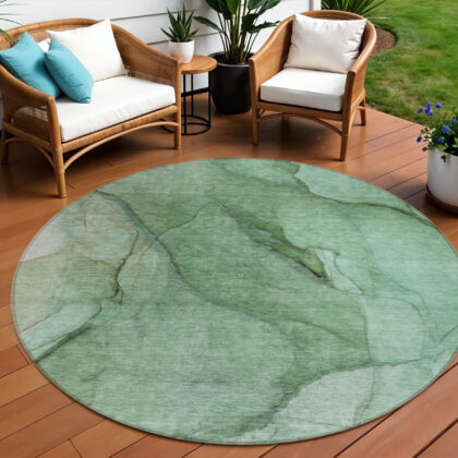 8' Green And Sage Round Abstract Washable Indoor Outdoor Area Rug