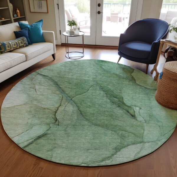 8' Green And Sage Round Abstract Washable Indoor Outdoor Area Rug