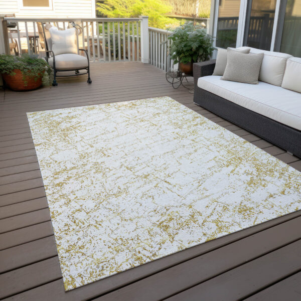 3' X 5' Gold And Ivory Abstract Washable Indoor Outdoor Area Rug