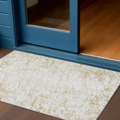 3' X 5' Gold And Ivory Abstract Washable Indoor Outdoor Area Rug