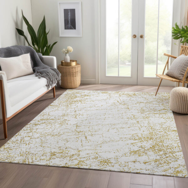 3' X 5' Gold And Ivory Abstract Washable Indoor Outdoor Area Rug
