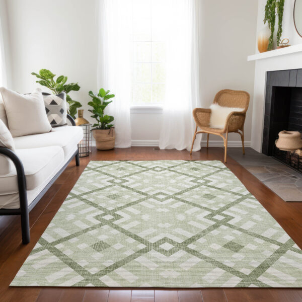 8' X 10' Artichoke Green And Olive Green Geometric Washable Indoor Outdoor Area Rug