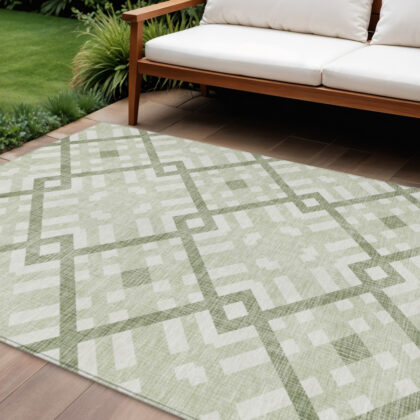 8' X 10' Artichoke Green And Olive Green Geometric Washable Indoor Outdoor Area Rug