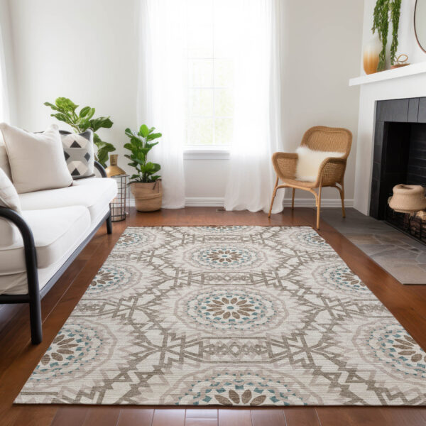 10' X 14' Beige Brown And Teal Blue Floral Medallion Washable Indoor Outdoor Area Rug