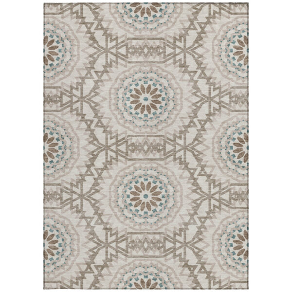 10' X 14' Beige Brown And Teal Blue Floral Medallion Washable Indoor Outdoor Area Rug