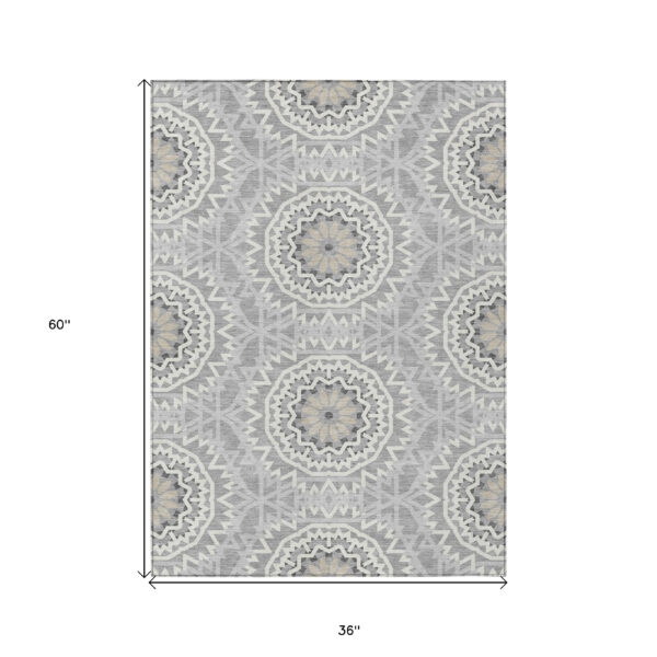 3' X 5' Gray Silver And Ivory Floral Medallion Washable Indoor Outdoor Area Rug