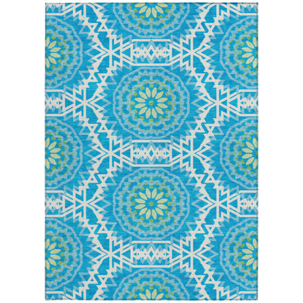 10' X 14' Ivory And Sky Blue Floral Medallion Washable Indoor Outdoor Area Rug