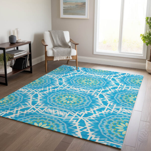 10' X 14' Ivory And Sky Blue Floral Medallion Washable Indoor Outdoor Area Rug