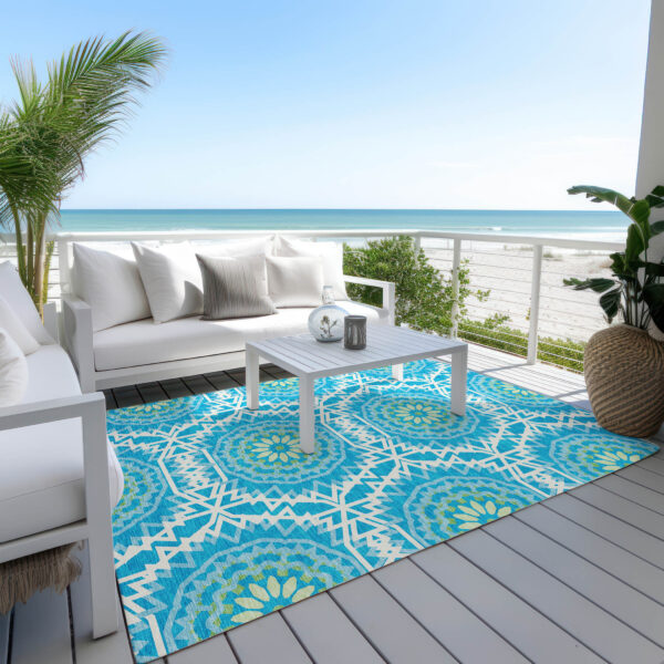10' X 14' Ivory And Sky Blue Floral Medallion Washable Indoor Outdoor Area Rug