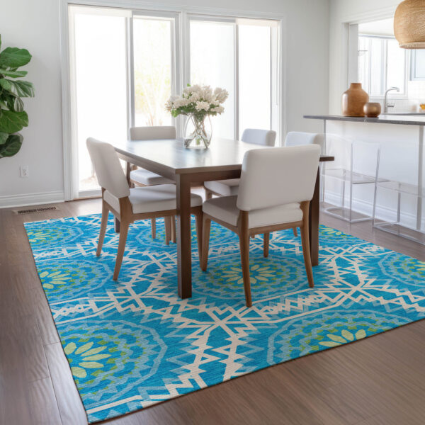 10' X 14' Ivory And Sky Blue Floral Medallion Washable Indoor Outdoor Area Rug