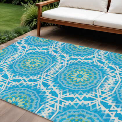 10' X 14' Ivory And Sky Blue Floral Medallion Washable Indoor Outdoor Area Rug