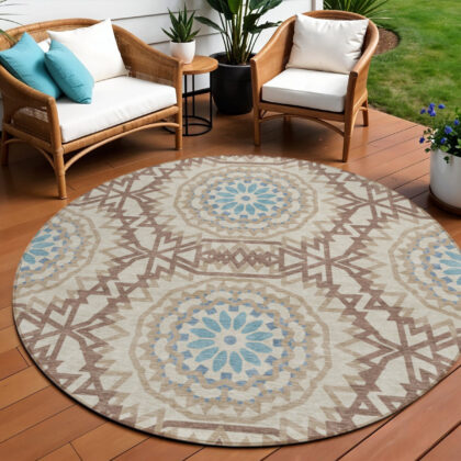 8' Khaki Brown And Taupe Round Floral Medallion Washable Indoor Outdoor Area Rug