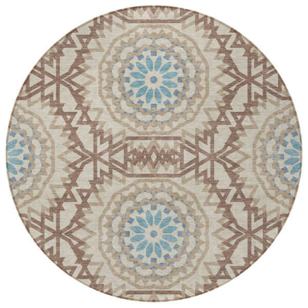 8' Khaki Brown And Taupe Round Floral Medallion Washable Indoor Outdoor Area Rug