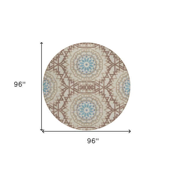 8' Khaki Brown And Taupe Round Floral Medallion Washable Indoor Outdoor Area Rug