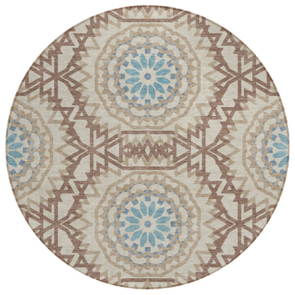 8' Khaki Brown And Taupe Round Floral Medallion Washable Indoor Outdoor Area Rug