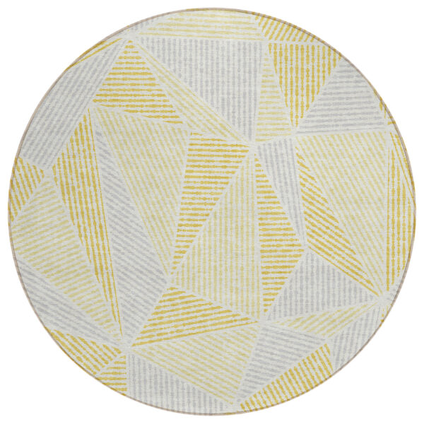 8' Gold Gray And Wheat Round Geometric Washable Indoor Outdoor Area Rug