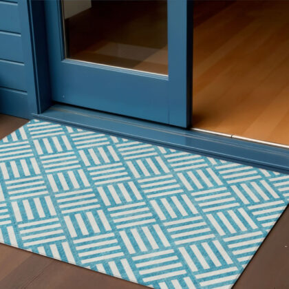 3' X 5' Teal Blue And Ivory Geometric Washable Indoor Outdoor Area Rug
