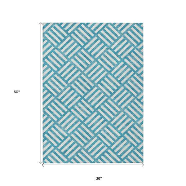 3' X 5' Teal Blue And Ivory Geometric Washable Indoor Outdoor Area Rug