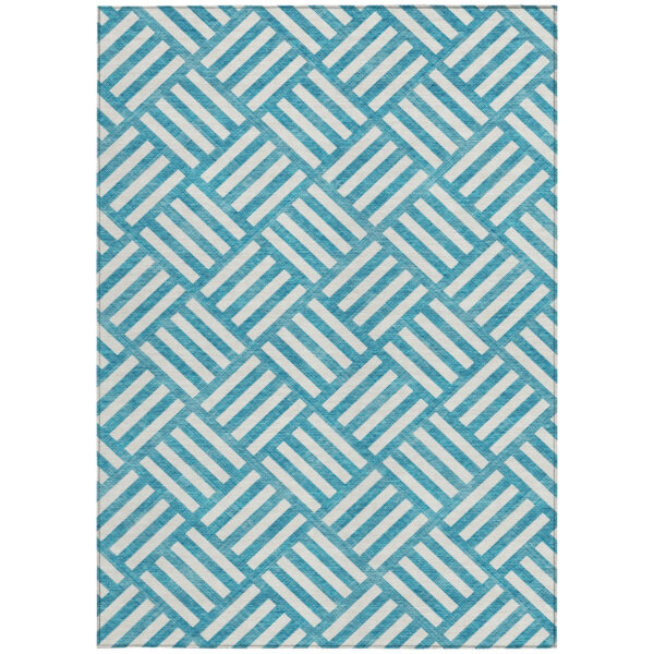 3' X 5' Teal Blue And Ivory Geometric Washable Indoor Outdoor Area Rug