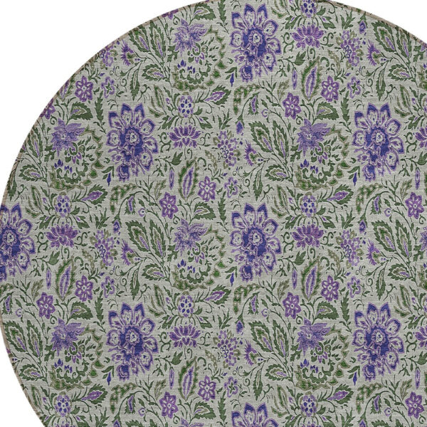 8' Olive Green Sage And Purple Round Floral Washable Indoor Outdoor Area Rug