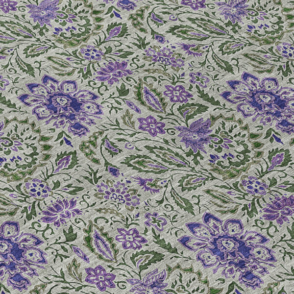 8' Olive Green Sage And Purple Round Floral Washable Indoor Outdoor Area Rug