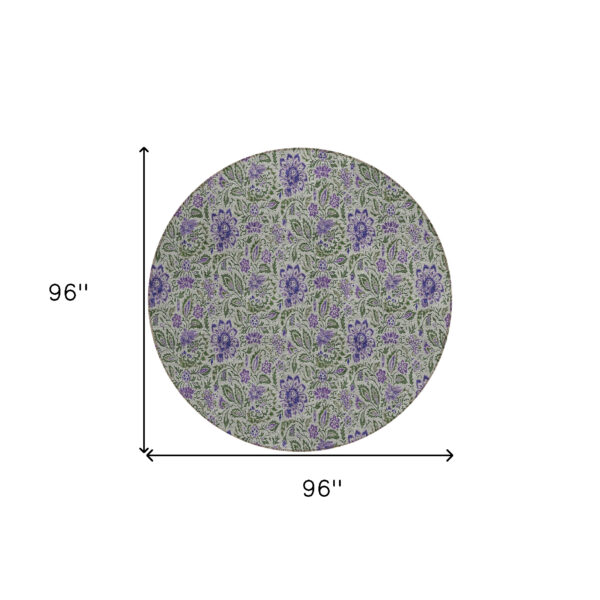 8' Olive Green Sage And Purple Round Floral Washable Indoor Outdoor Area Rug