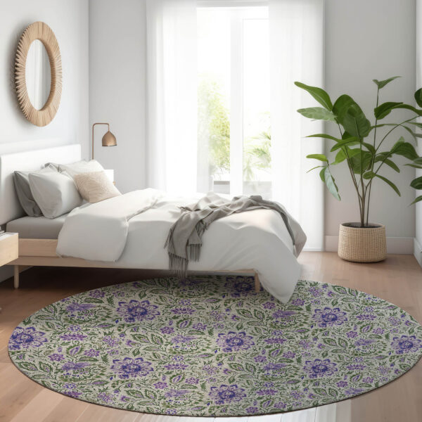 8' Olive Green Sage And Purple Round Floral Washable Indoor Outdoor Area Rug