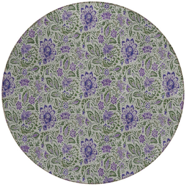8' Olive Green Sage And Purple Round Floral Washable Indoor Outdoor Area Rug