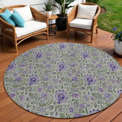 8' Olive Green Sage And Purple Round Floral Washable Indoor Outdoor Area Rug