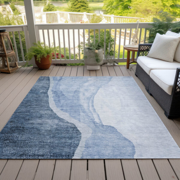 8' X 10' Navy Blue And Sky Blue Abstract Washable Indoor Outdoor Area Rug