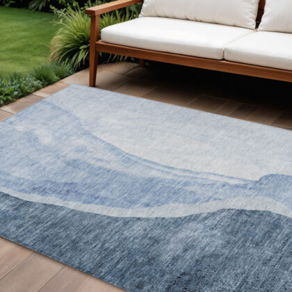 8' X 10' Navy Blue And Sky Blue Abstract Washable Indoor Outdoor Area Rug