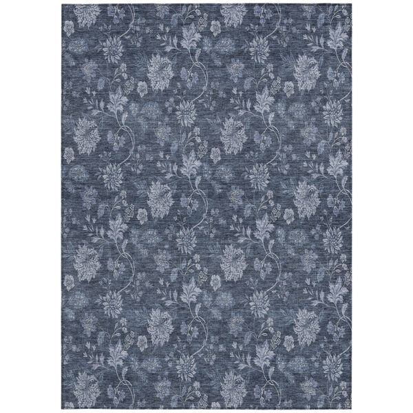 9' X 12' Denim Blue And Navy Blue Floral Washable Indoor Outdoor Area Rug