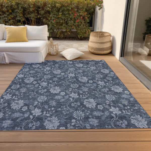9' X 12' Denim Blue And Navy Blue Floral Washable Indoor Outdoor Area Rug