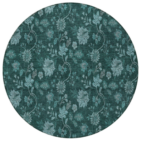 8' Teal Blue And Aqua Round Floral Washable Indoor Outdoor Area Rug