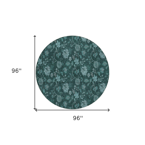8' Teal Blue And Aqua Round Floral Washable Indoor Outdoor Area Rug