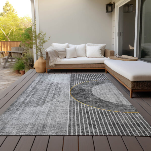 9' X 12' Charcoal Gray And Silver Geometric Washable Indoor Outdoor Area Rug