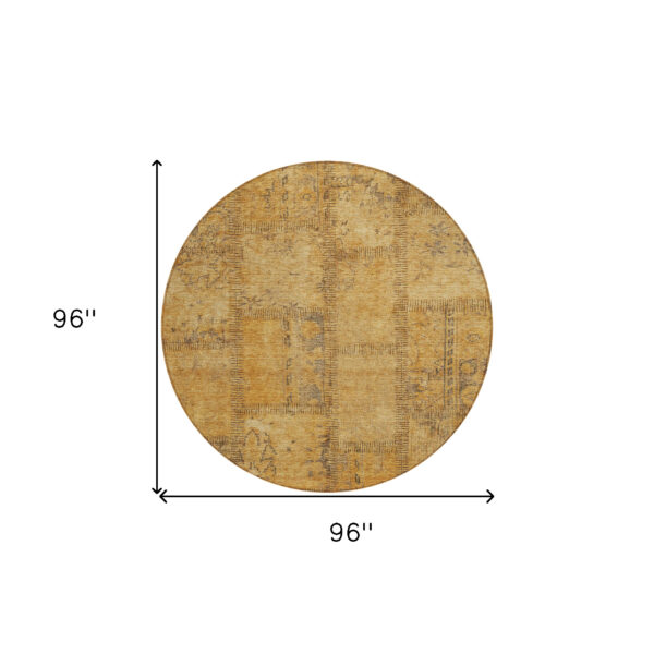 8' Peach Gray And Charcoal Round Patchwork Washable Indoor Outdoor Area Rug