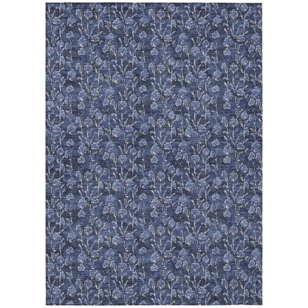 10' X 14' Navy Blue Denim Blue And Ivory Floral Washable Indoor Outdoor Area Rug