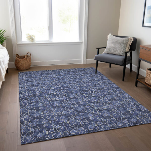 10' X 14' Navy Blue Denim Blue And Ivory Floral Washable Indoor Outdoor Area Rug