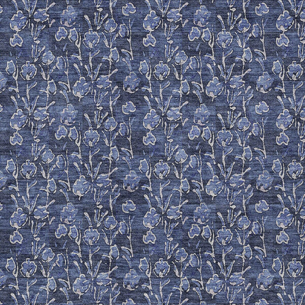 10' X 14' Navy Blue Denim Blue And Ivory Floral Washable Indoor Outdoor Area Rug