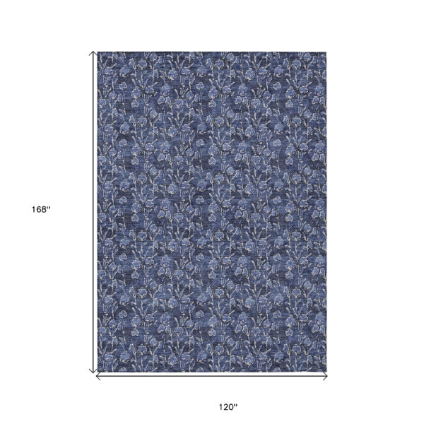 10' X 14' Navy Blue Denim Blue And Ivory Floral Washable Indoor Outdoor Area Rug