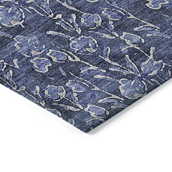10' X 14' Navy Blue Denim Blue And Ivory Floral Washable Indoor Outdoor Area Rug