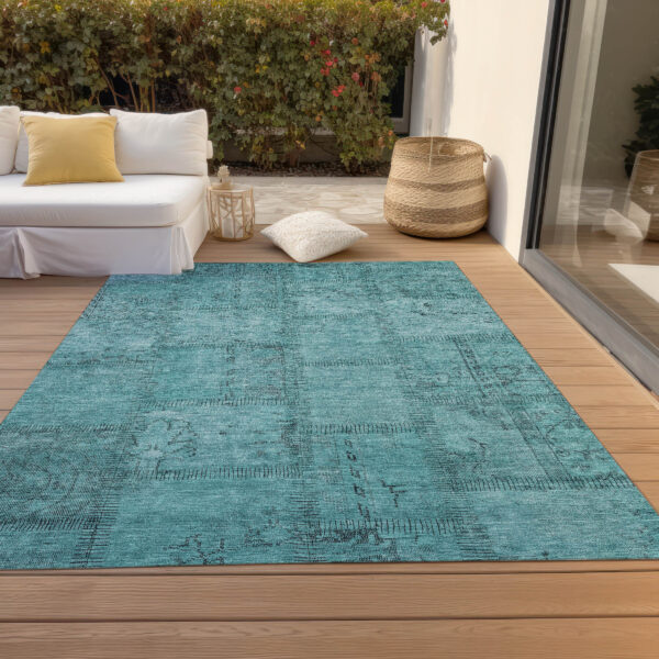 8' X 10' Teal Blue And Aqua Patchwork Washable Indoor Outdoor Area Rug