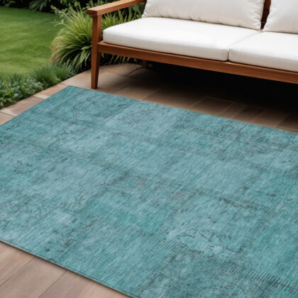 8' X 10' Teal Blue And Aqua Patchwork Washable Indoor Outdoor Area Rug