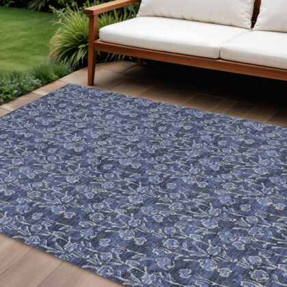 10' X 14' Navy Blue Denim Blue And Ivory Floral Washable Indoor Outdoor Area Rug
